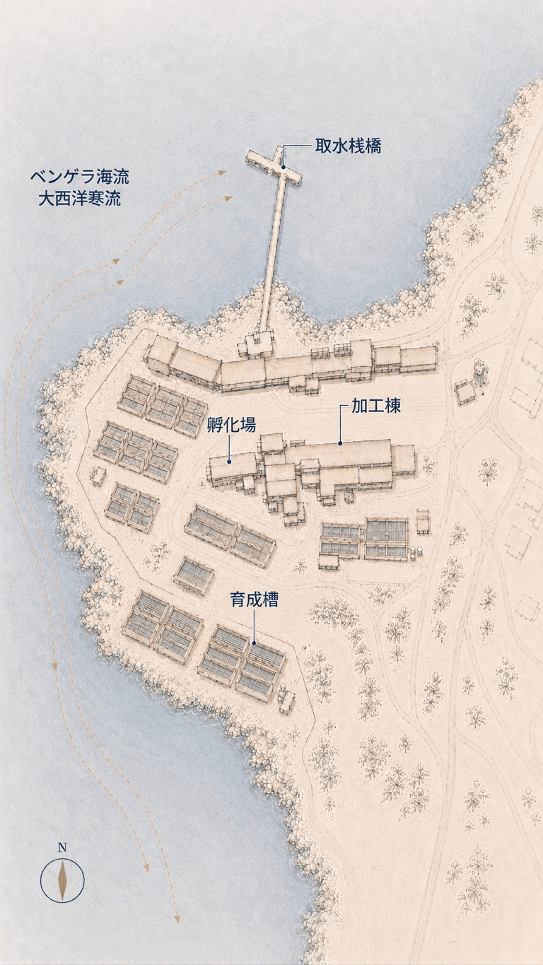 ドーリングベイ鮑養殖場の手描き図。取水桟橋、孵化場、育成槽、加工棟が冷たい西海岸に並ぶ様子を示す。