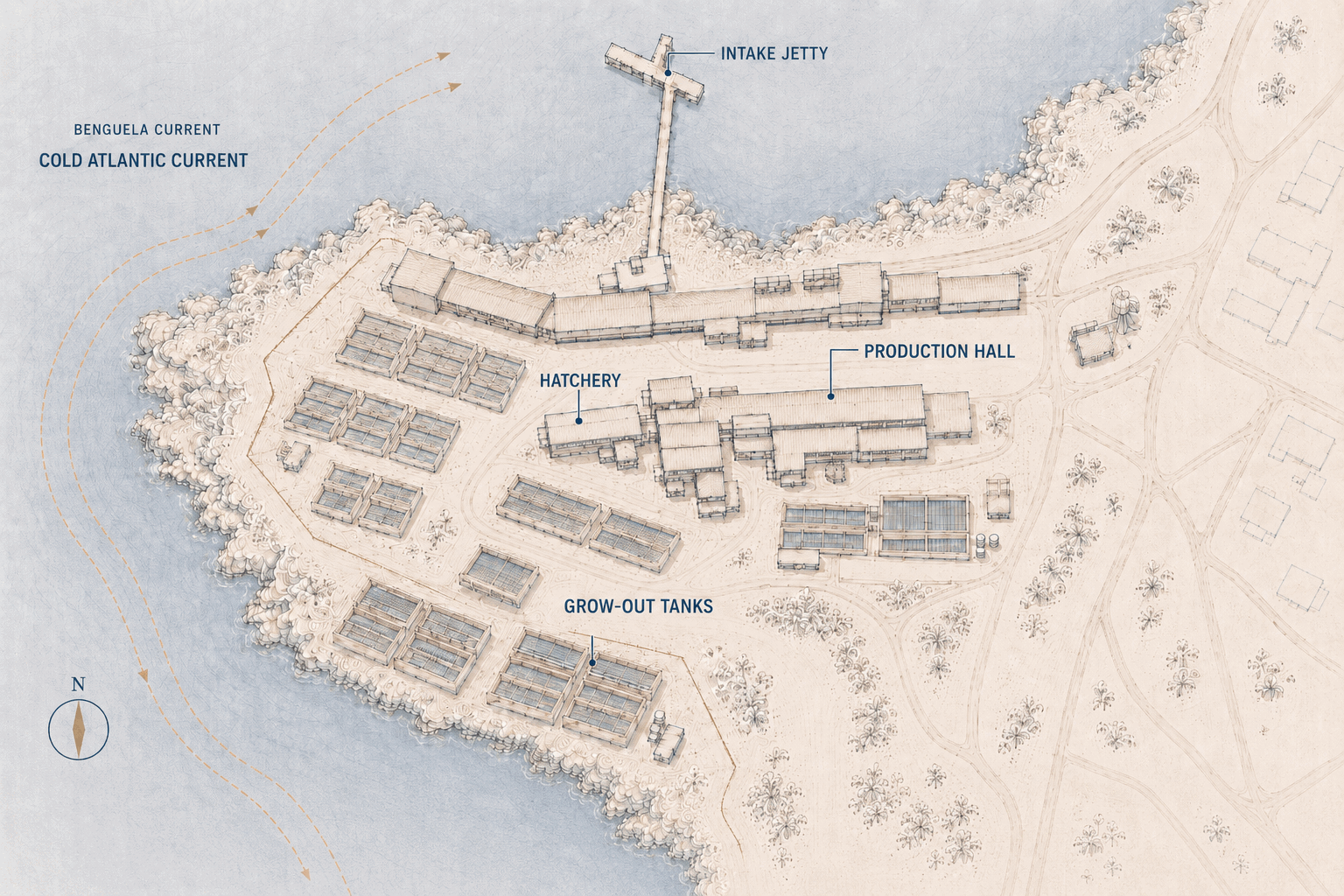 Illustrated map of the Doring Bay abalone farm showing the intake jetty, hatchery, grow-out tanks and production hall on the cold Atlantic coast.