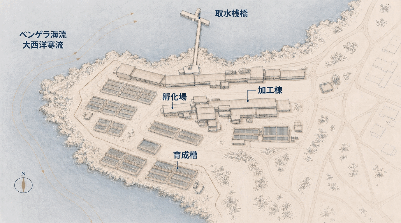 ドーリングベイ鮑養殖場の手描き図。取水桟橋、孵化場、育成槽、加工棟が冷たい西海岸に並ぶ様子を示す。