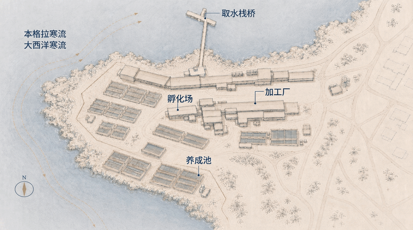 多林湾鲍鱼养殖场的手绘地图,展示取水栈桥、孵化场、养成池及加工厂坐落于寒冷的西海岸。