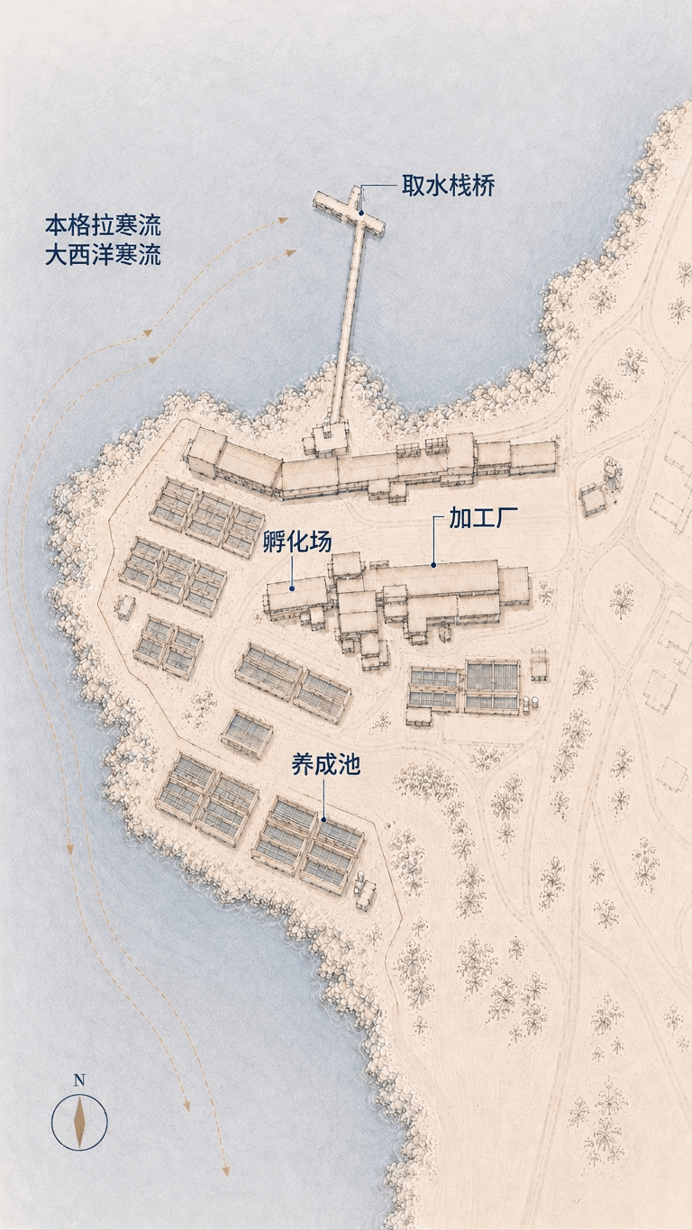 多林湾鲍鱼养殖场的手绘地图,展示取水栈桥、孵化场、养成池及加工厂坐落于寒冷的西海岸。