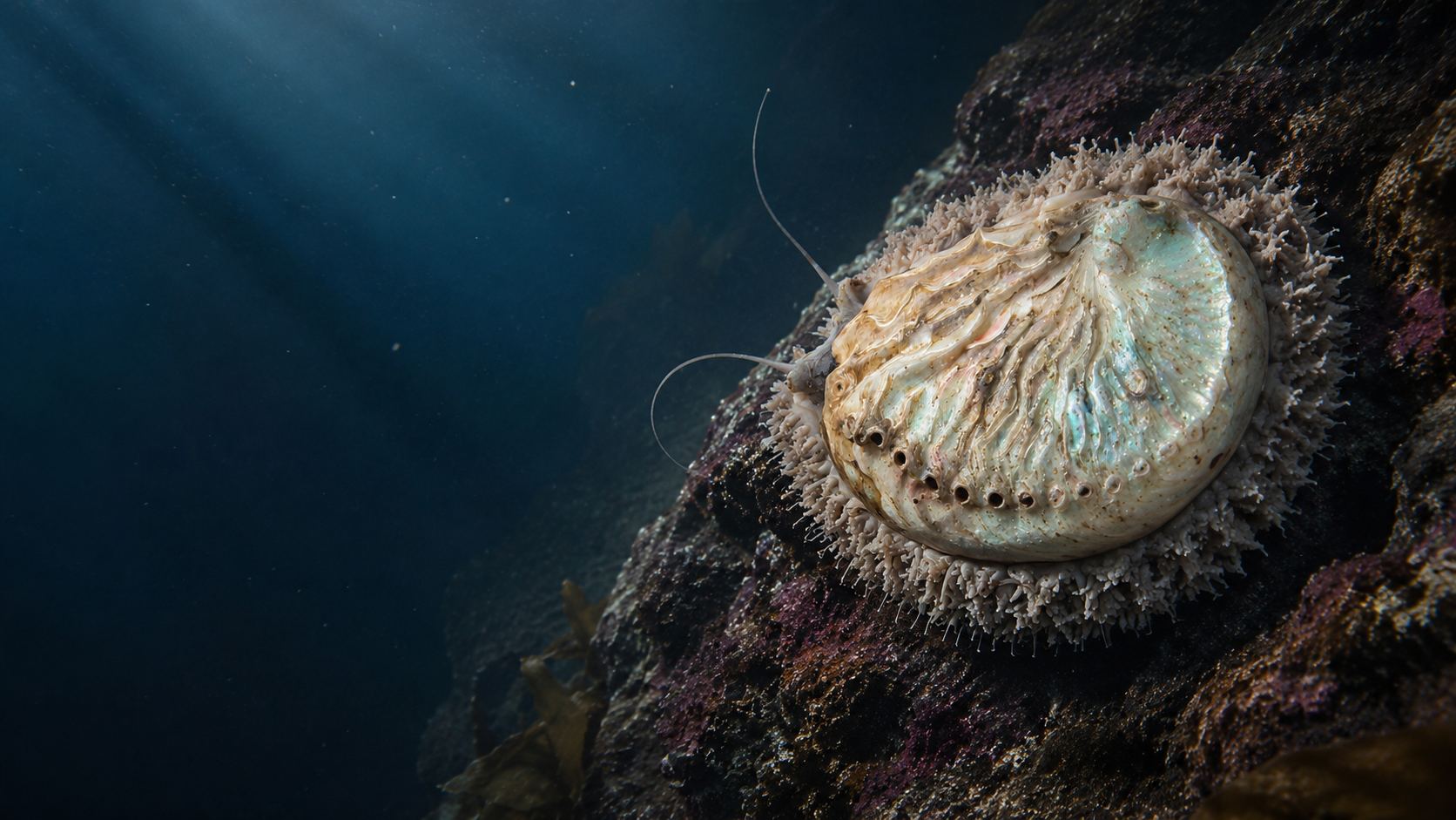 Abalone clinging to a kelp-covered reef in the Atlantic